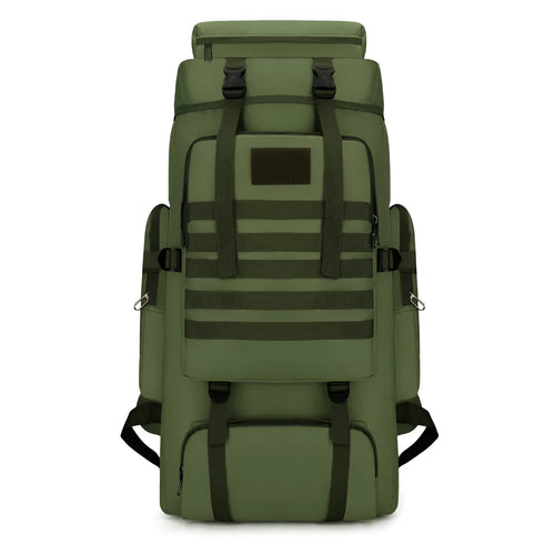 Canvas large capacity men's backpack in army green with retro military style and multiple pockets for hiking travel