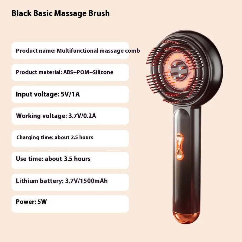 A handheld red and blue light therapy massage hair comb with a plastic body and Type-C charging port.