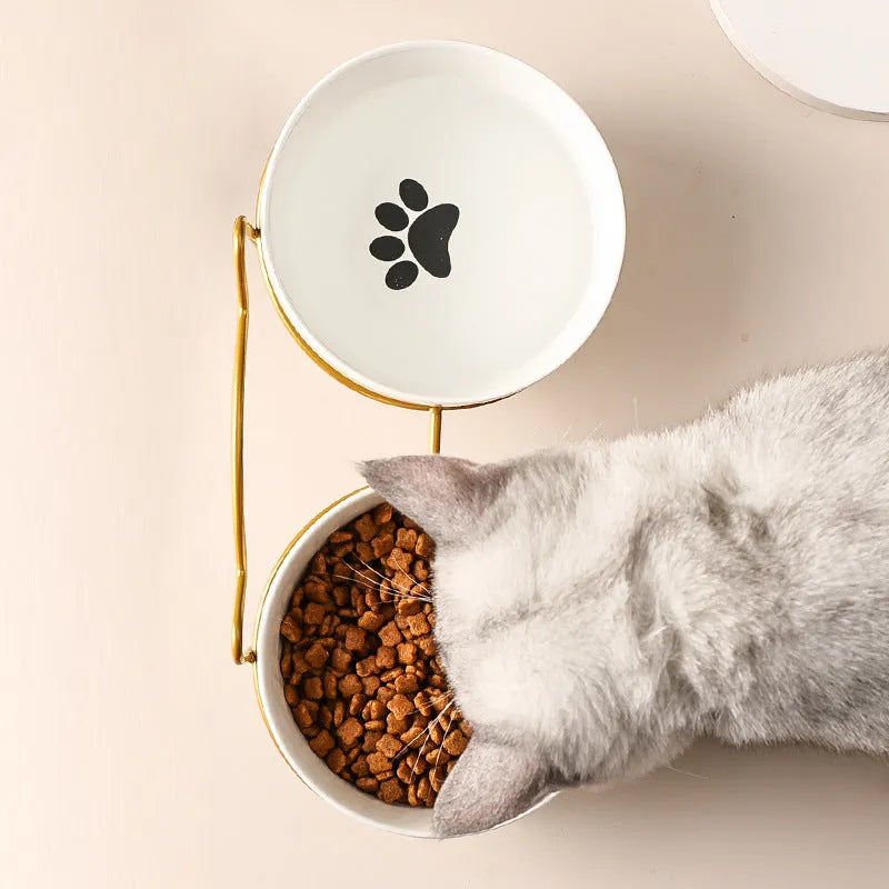 Ceramic cat bowl with iron stand in cat footprints or fishbone pattern design
