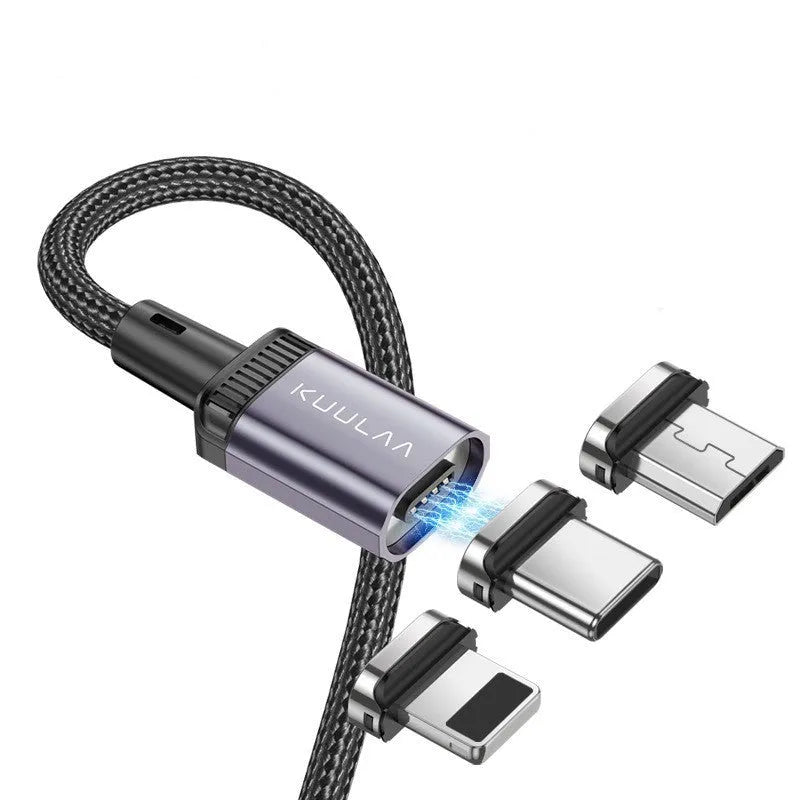 3-in-1 magnetic absorption data line with woven cable, aluminium alloy ends, Lightning Micro USB TYPE-C ports, black