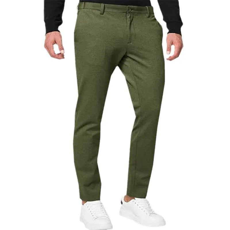 Men's slim-fit stretch chino trousers in khaki colour, showing tapered leg and zip fly detail.
