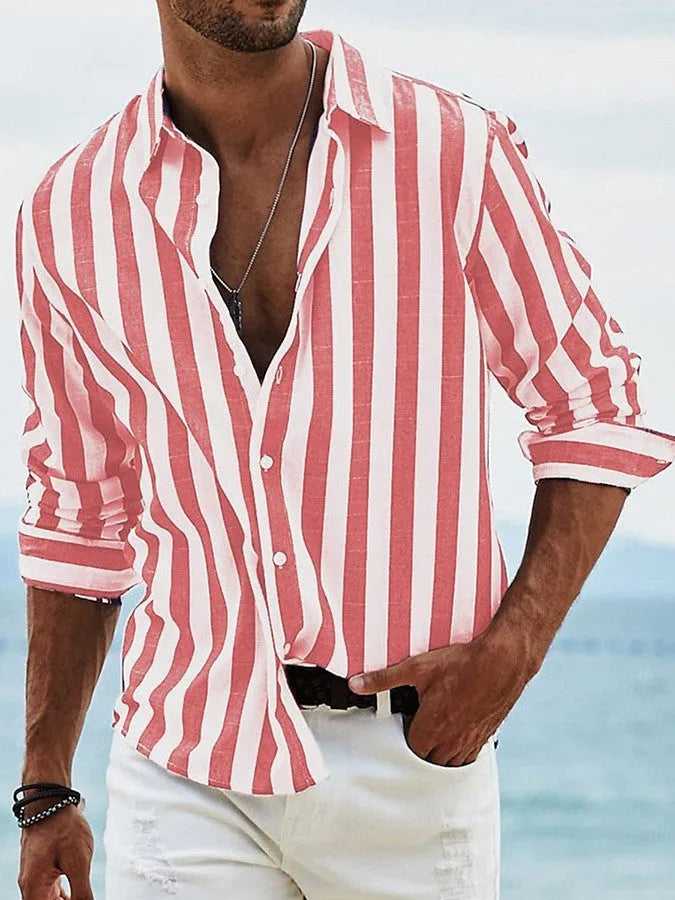 Men's yarn-dyed striped loose long-sleeved shirt in British style polyester fabric