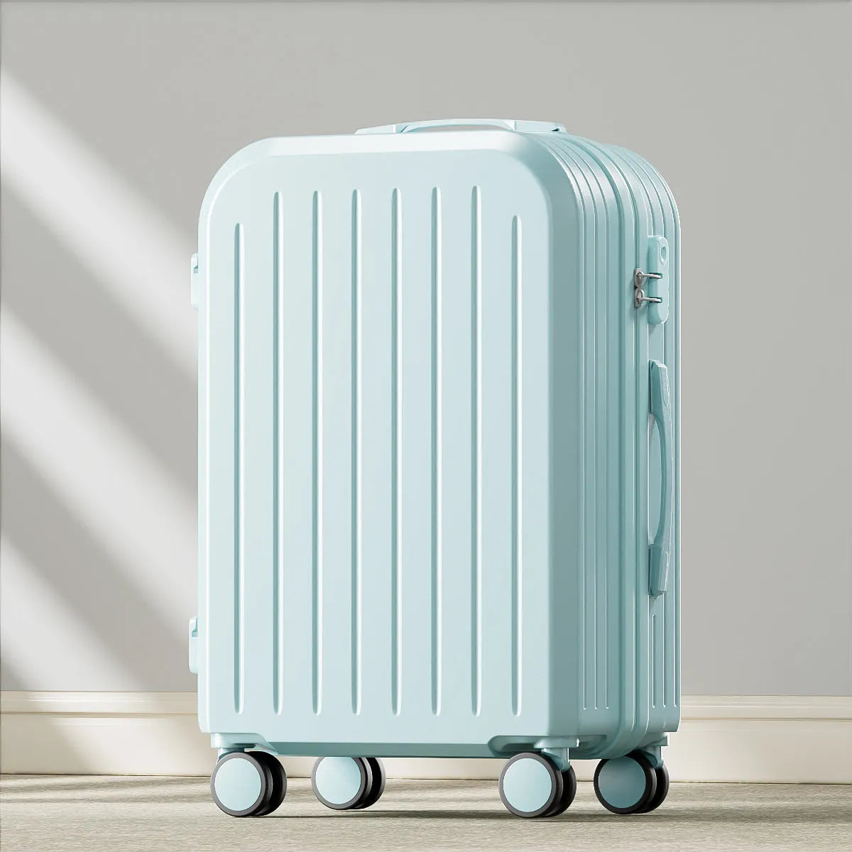 Small lightweight password suitcase trolley case with striped pattern and universal wheels in multiple colours