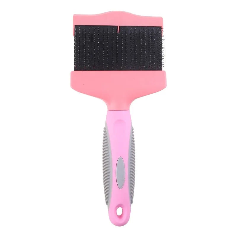Blue double-sided pet brush with stainless steel pins and ergonomic handle on a white background