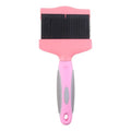 Blue double-sided pet brush with stainless steel pins and ergonomic handle on a white background