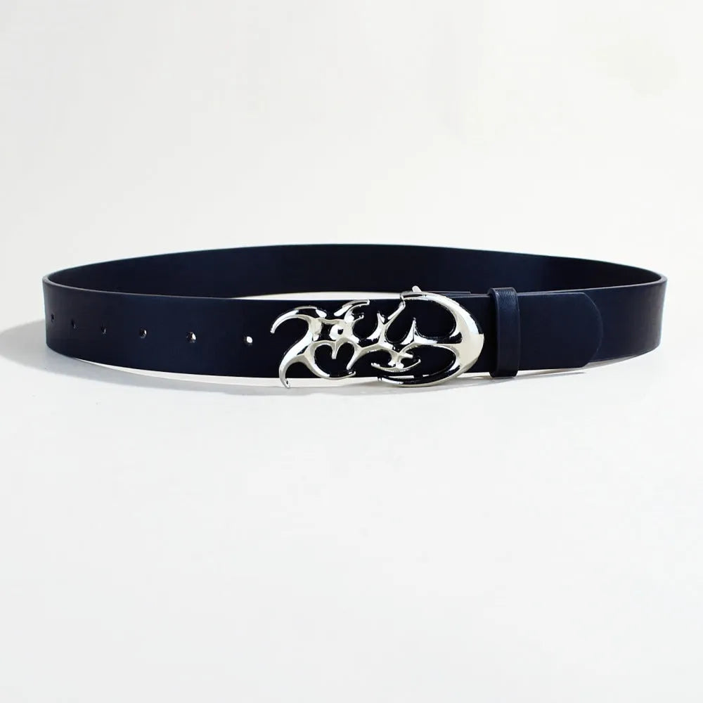 Silver buckle PU leather casual belt with snap button fastening, shown flat