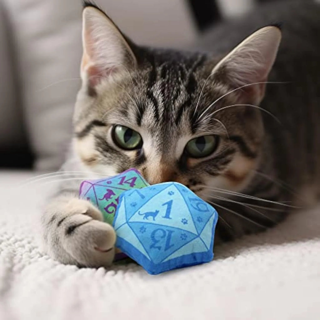 Dice-shaped catnip toy in four colour options for DND gaming cat play