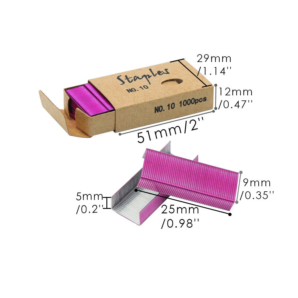 Box of 1000 metal office staples in black purple rose gold and rose red colour options