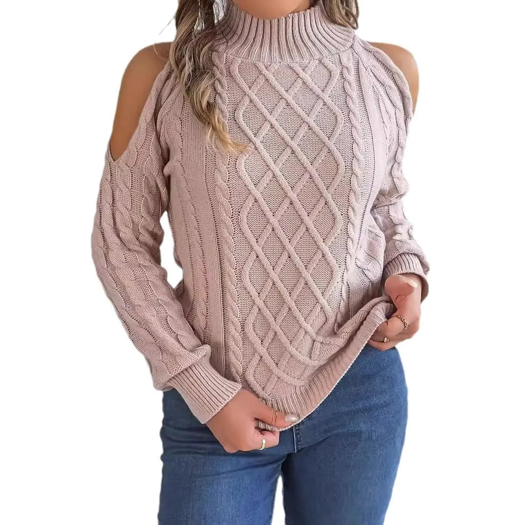 Women's grey strapless acrylic sweater with twisted pattern, half-high collar, and long lantern sleeves