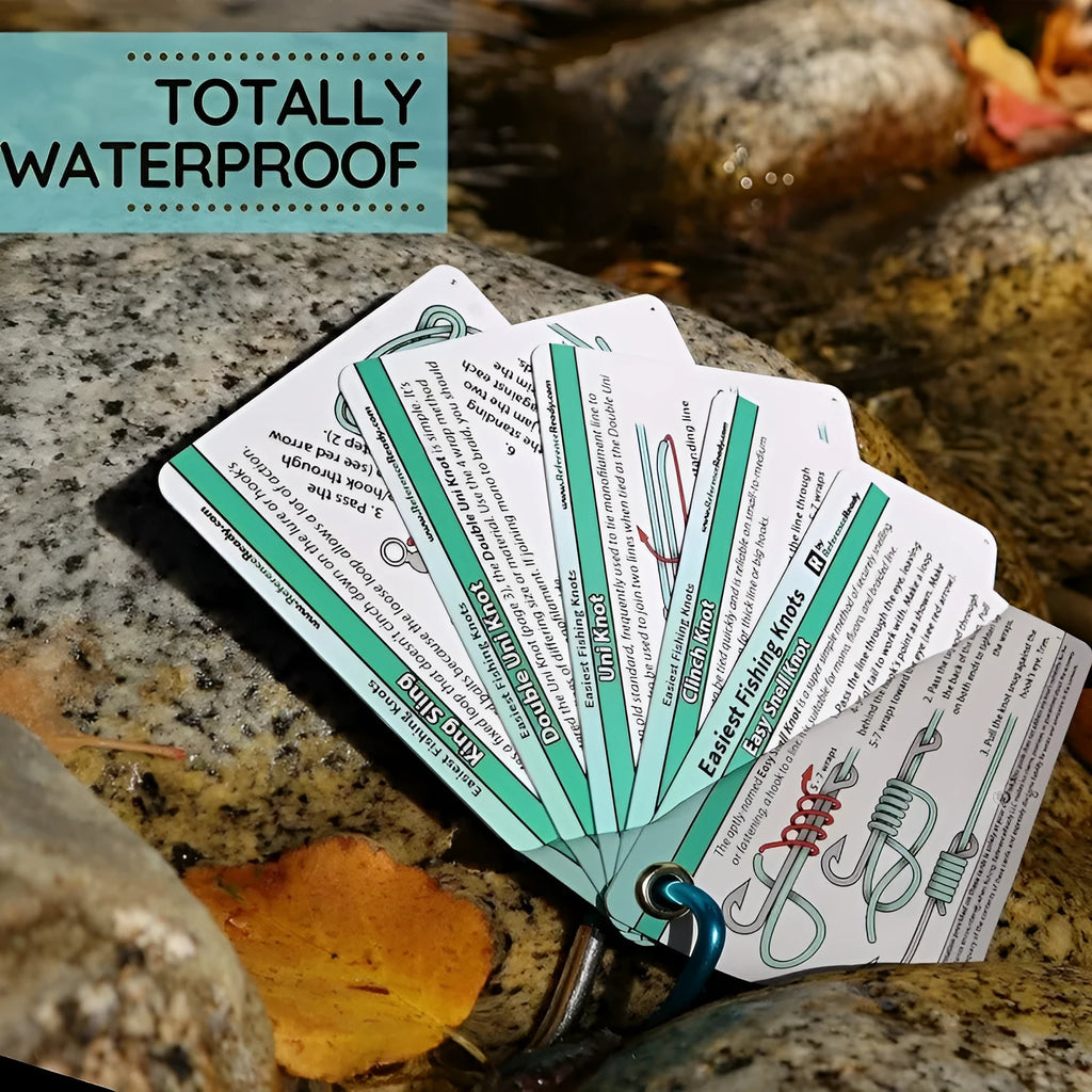 Set of 5 metal fishing knot diagram cards with clear knot illustrations on a metal surface