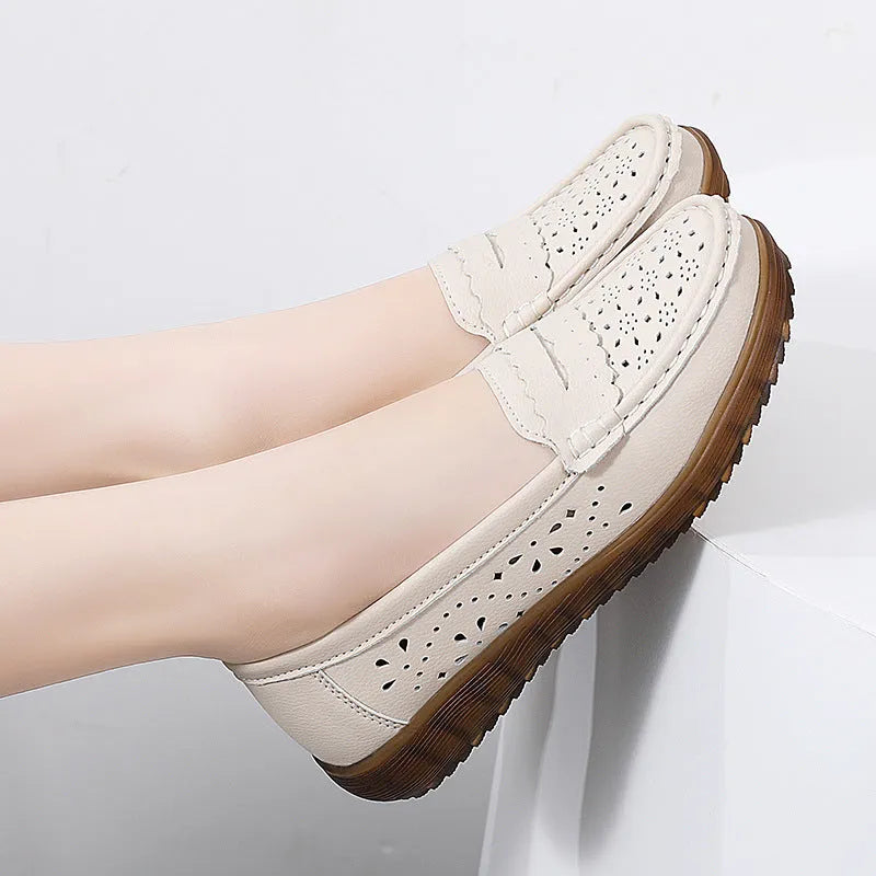 Women's flat shoes with breathable cutout upper, two-layer cowhide, and low heel in beige colour