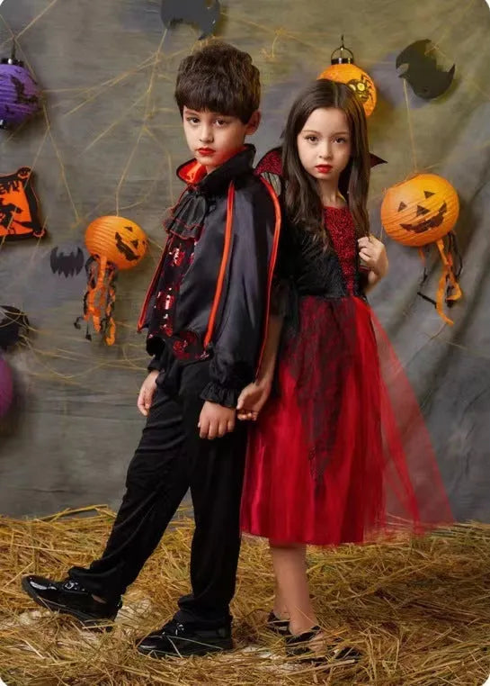 Unisex children's Halloween witch costume suit with cape and free headdress, polyester blend fabric, available in sizes 90-170cm
