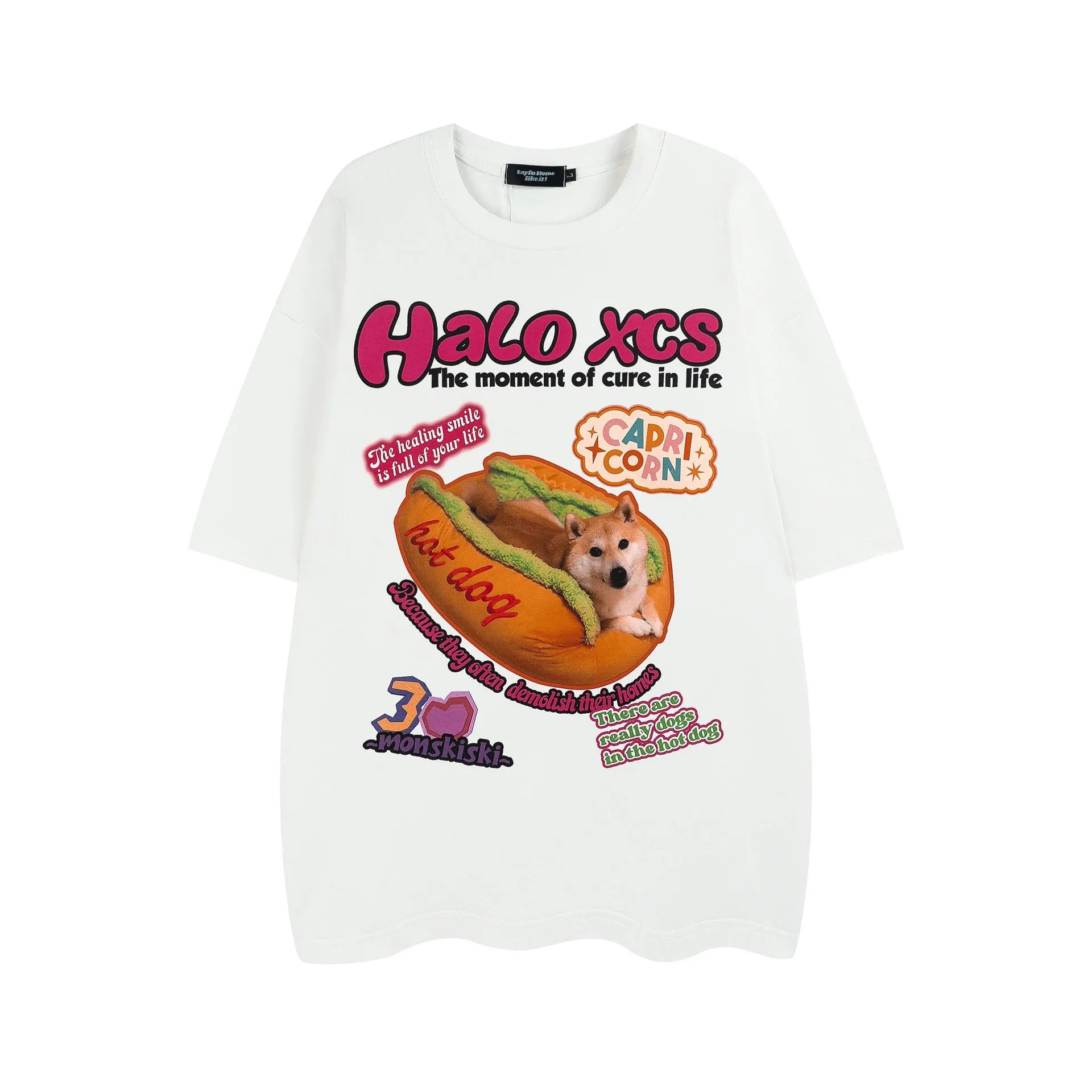 Cartoon hamburger dog printed cotton T-shirt in loose fit with round neck collar
