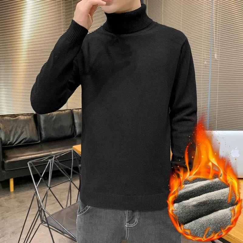 Viscose blend turtleneck sweater with plus velvet lining, slim fit, lapel collar, long sleeves, ribbed hem, available in multiple colours