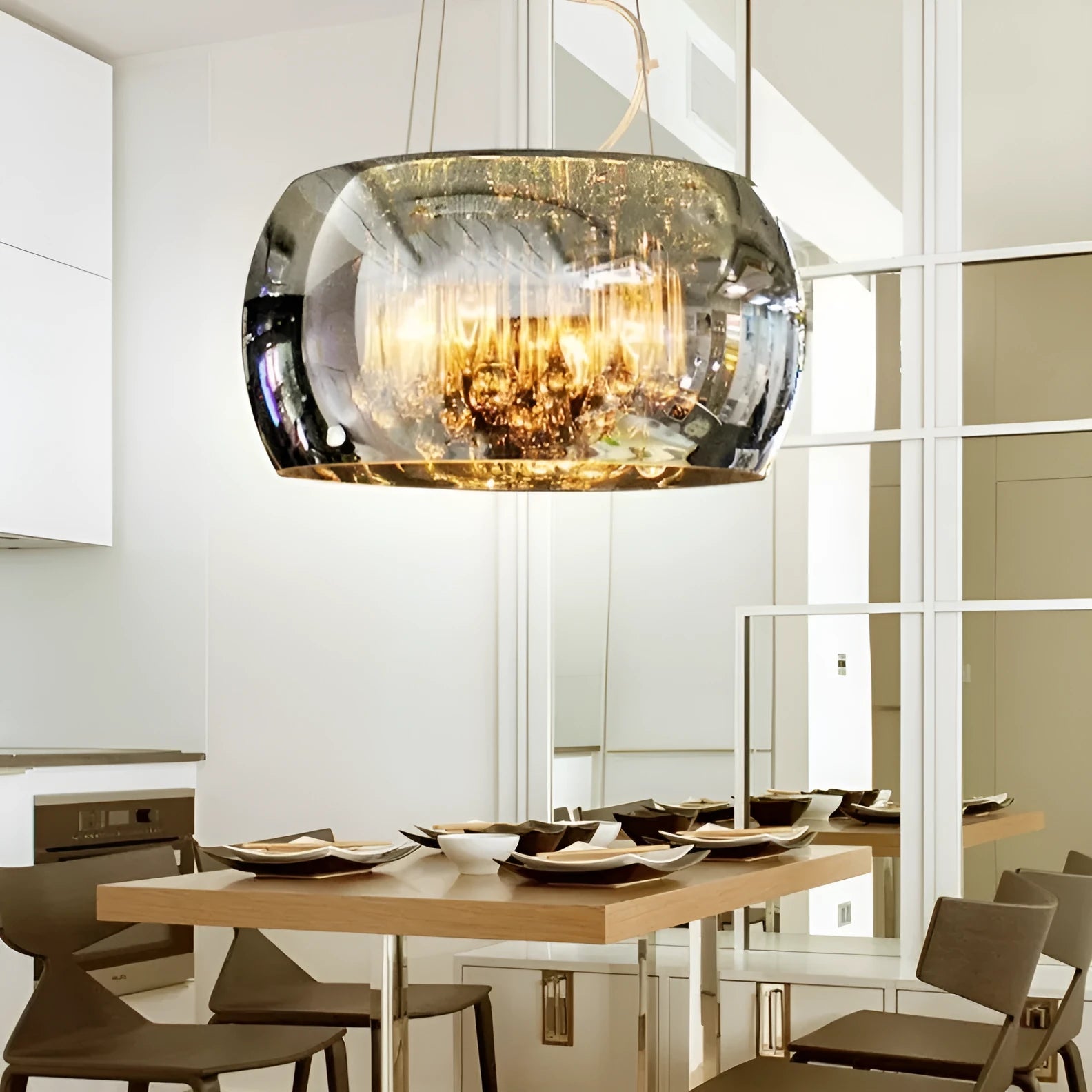Modern minimalist LED chandelier with smoky gray glass cover, 400mm size, for living room