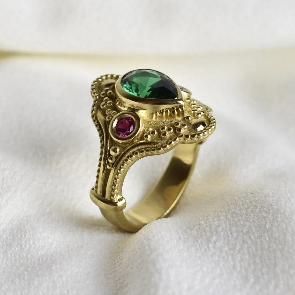 Gold-plated geometric women's ring with golden lvzuan electroplated finish shown from multiple angles