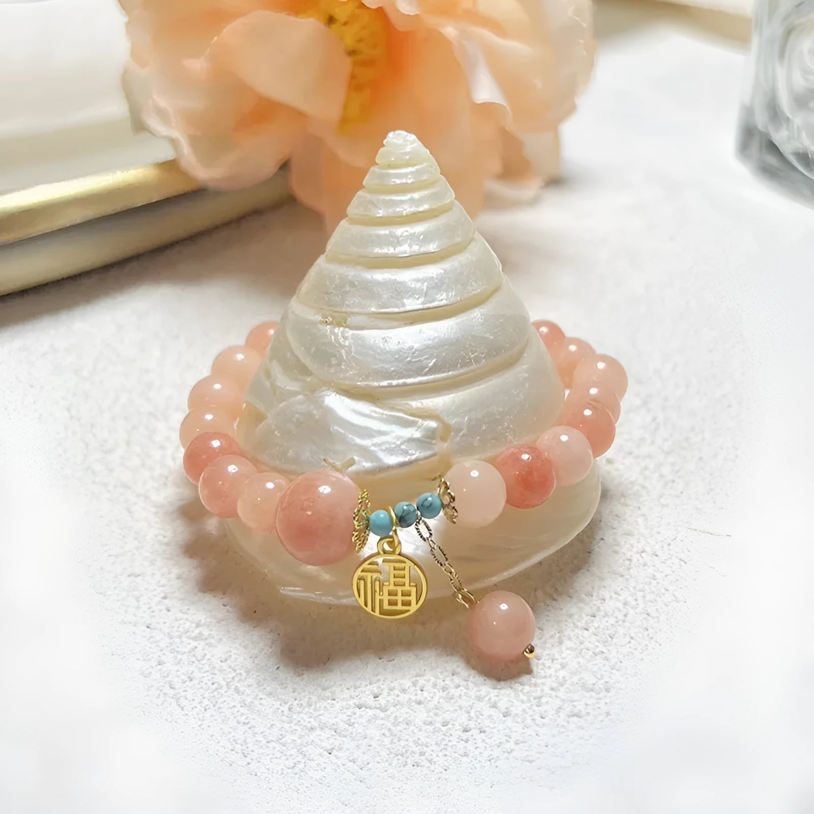 Fashion pink natural stone bracelet for women with alloy setting simple style on white background