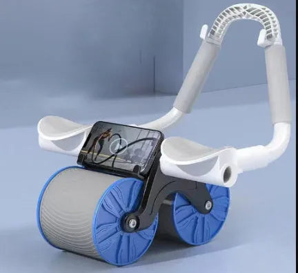 Black abdominal exercise wheel with automatic rebound mechanism next to a grey NBR yoga mat.