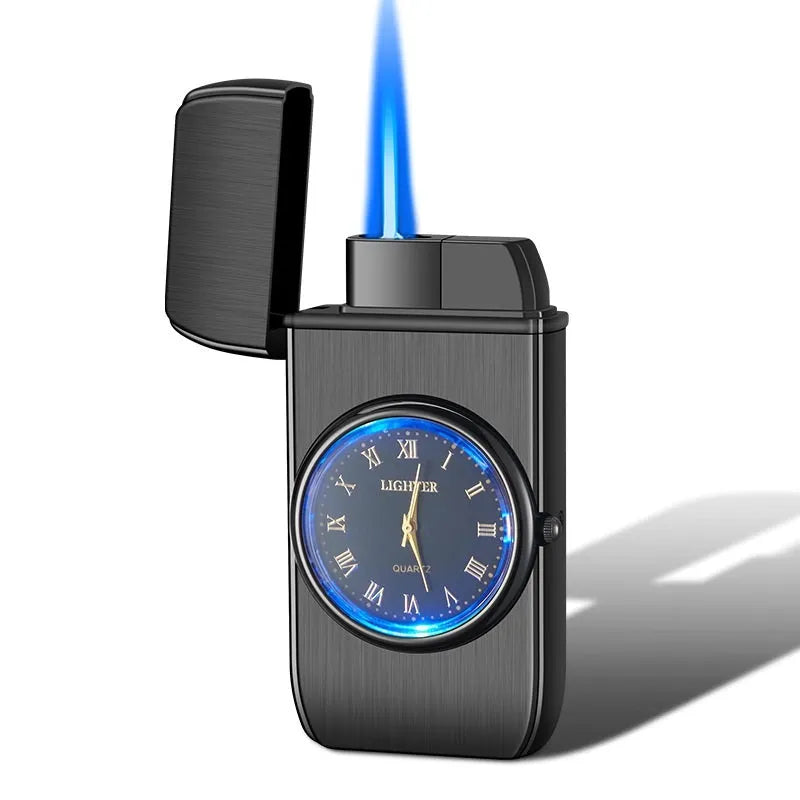 Multifunctional electronic watch cigarette lighter with LED lamp in metal body showing different finish options