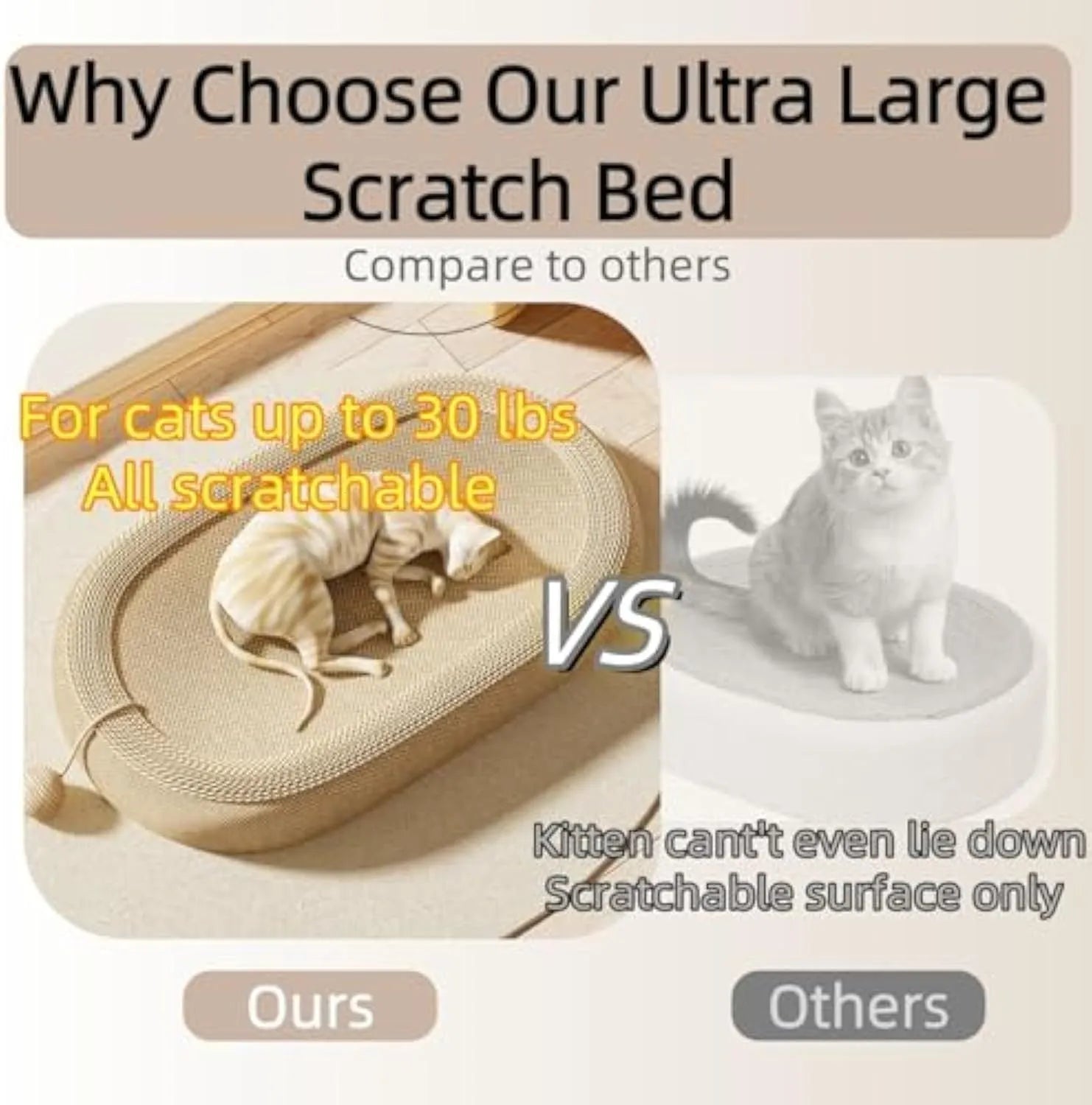 Large rectangular sisal cat scratching board with a grey fabric lounge bed on top