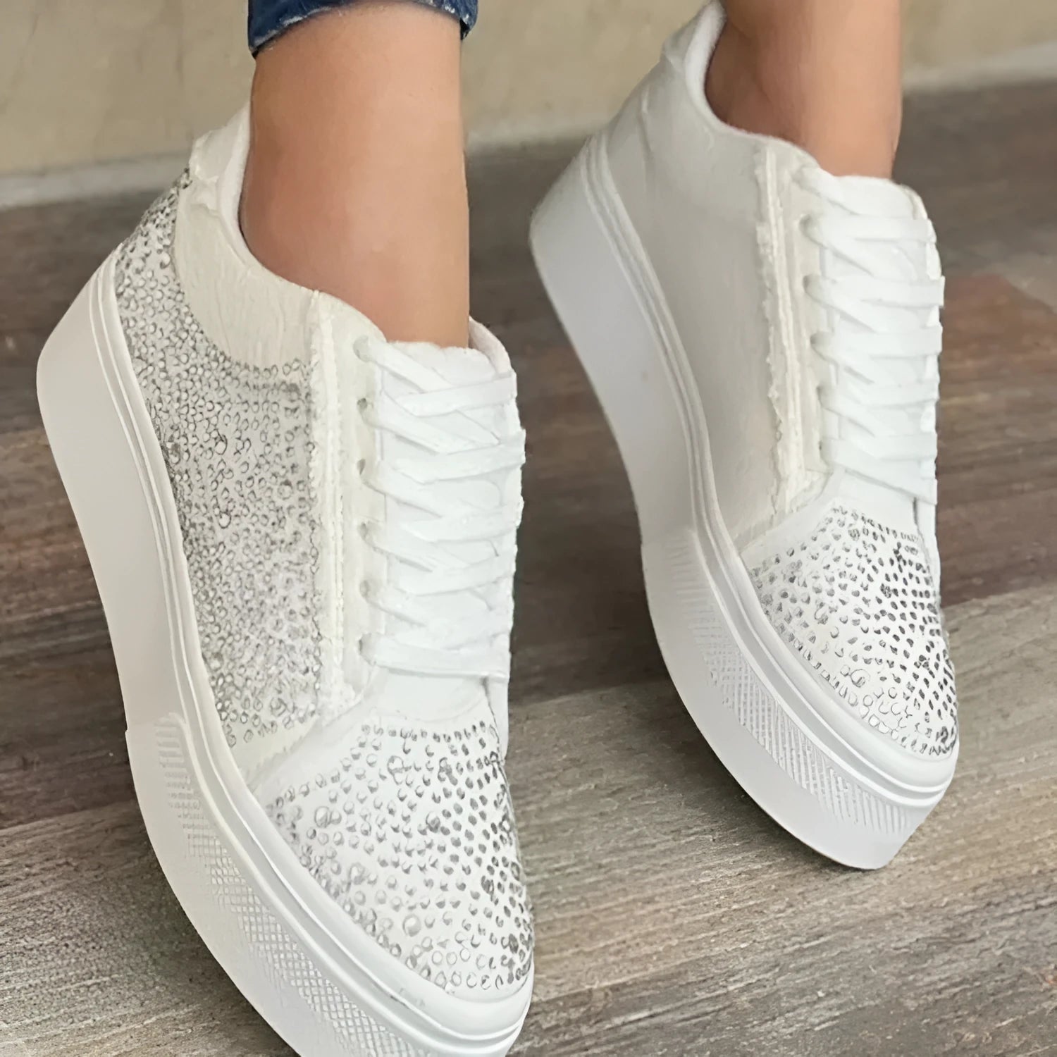 Plus size women's black casual shoes with thick rubber sole, lace-up front and rhinestone decoration