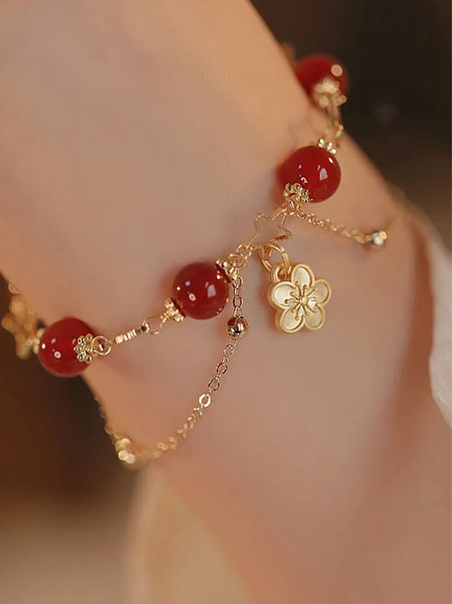 Red agate double layer bracelet with peach blossom ethnic design elements
