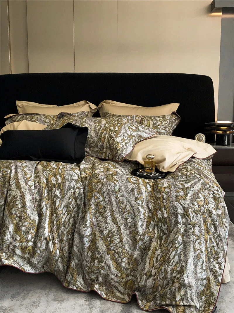 Long-staple cotton printed four-piece bedding set with geometric pattern, sanded fabric, digital print, European classical style