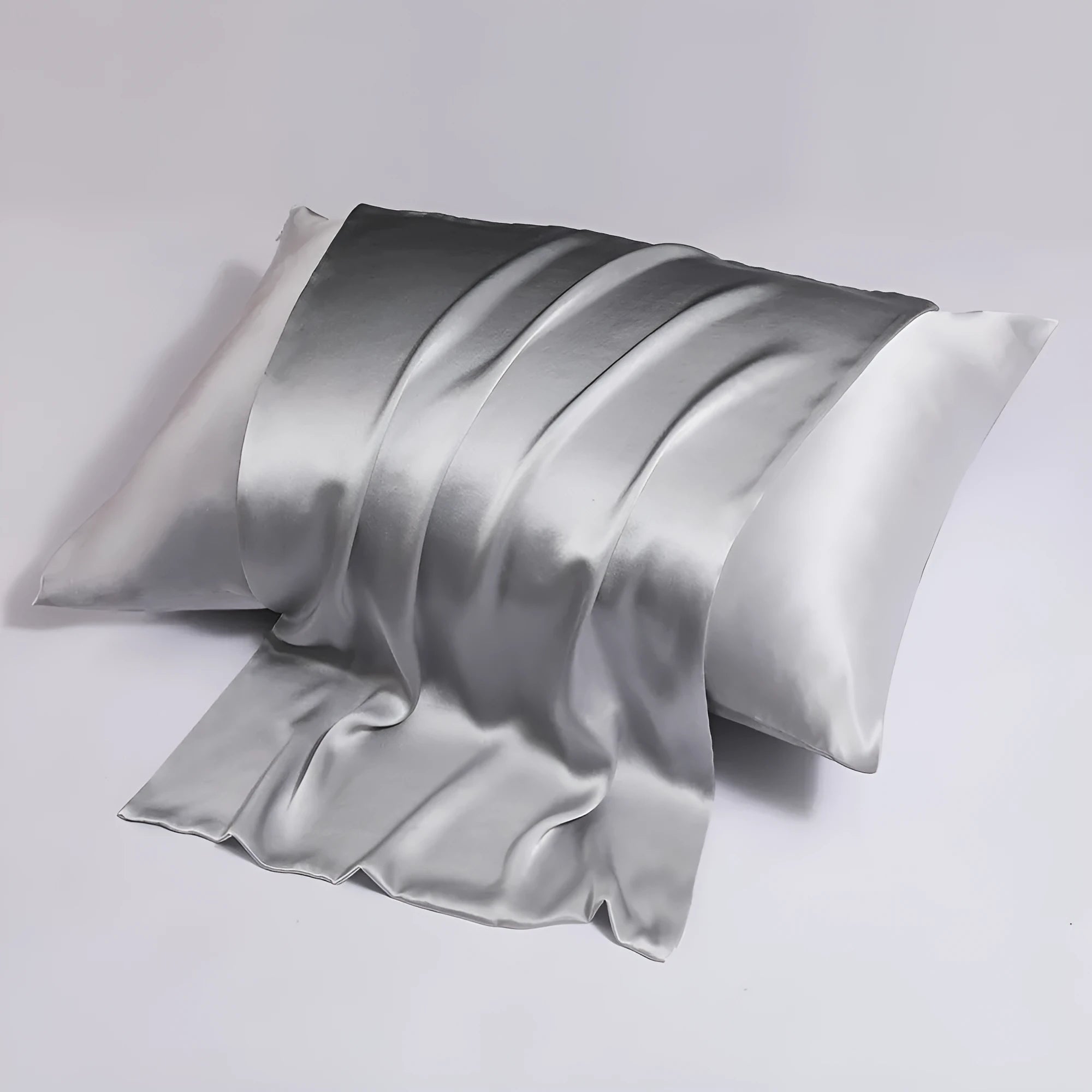 Double-sided silk pillowcase with concealed zip in baby blue colour showing size options