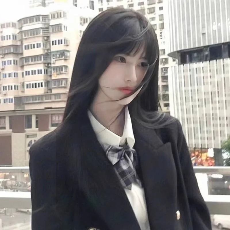 Black long straight synthetic wig with full bang fringe on mannequin head, showing brown-black colour option