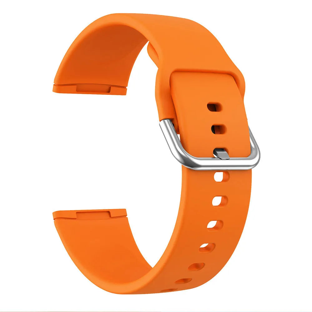 Silicone replacement strap with silver buckle for Fitbit Versa 3 and Sense 2 in multiple solid colours.