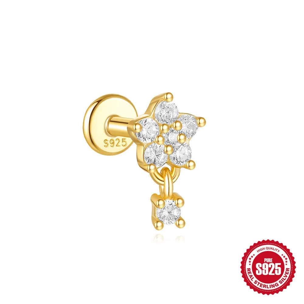 S925 sterling silver geometric moon and star earrings with diamond accents in gold-plated finish