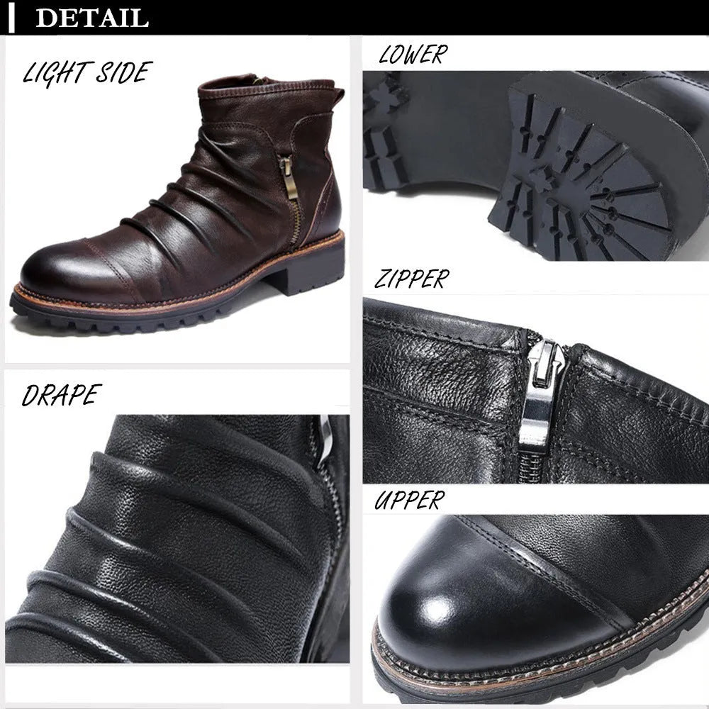 Men's black side-zip cowboy boots with a round toe and horseshoe heel on a wooden floor.
