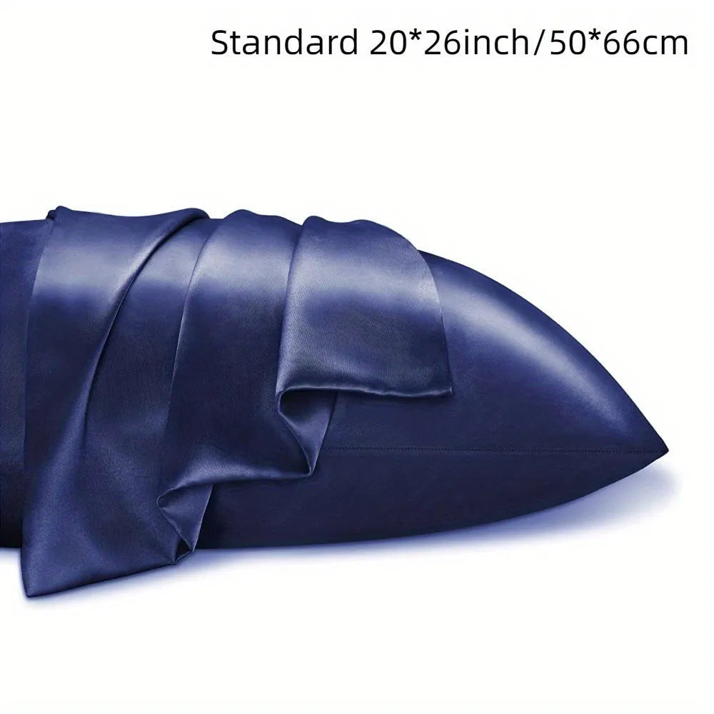 Pair of solid colour satin cloth pillowcases showing colour options including navy blue, wine red and light pink