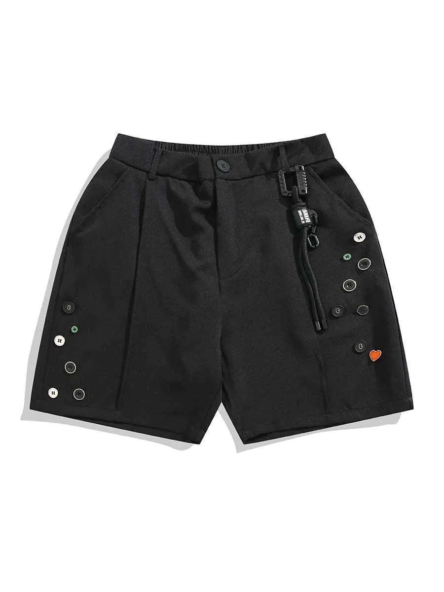 Men's black semi-elastic shorts with loose straight-leg fit and mid waist