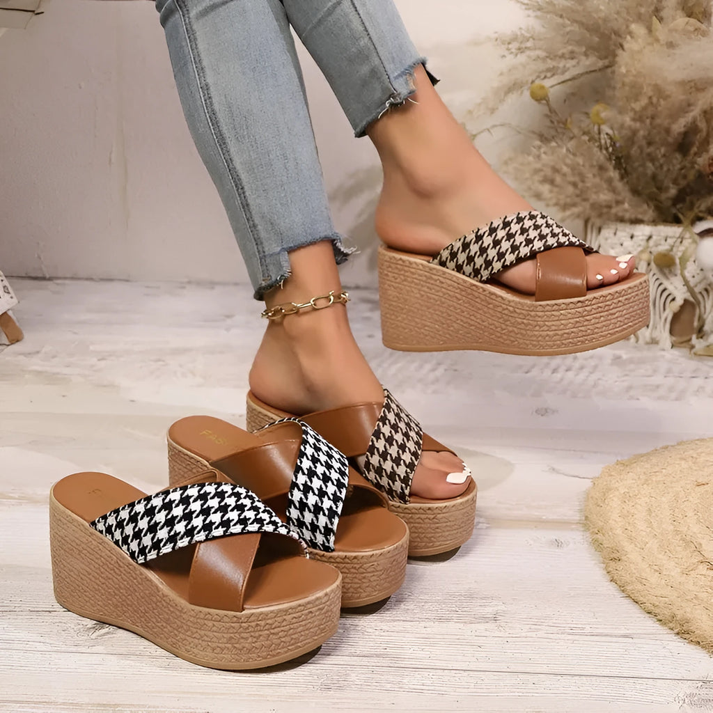 Cross leopard plaid wedge sandals in brown plaid and black pattern options with rubber soles