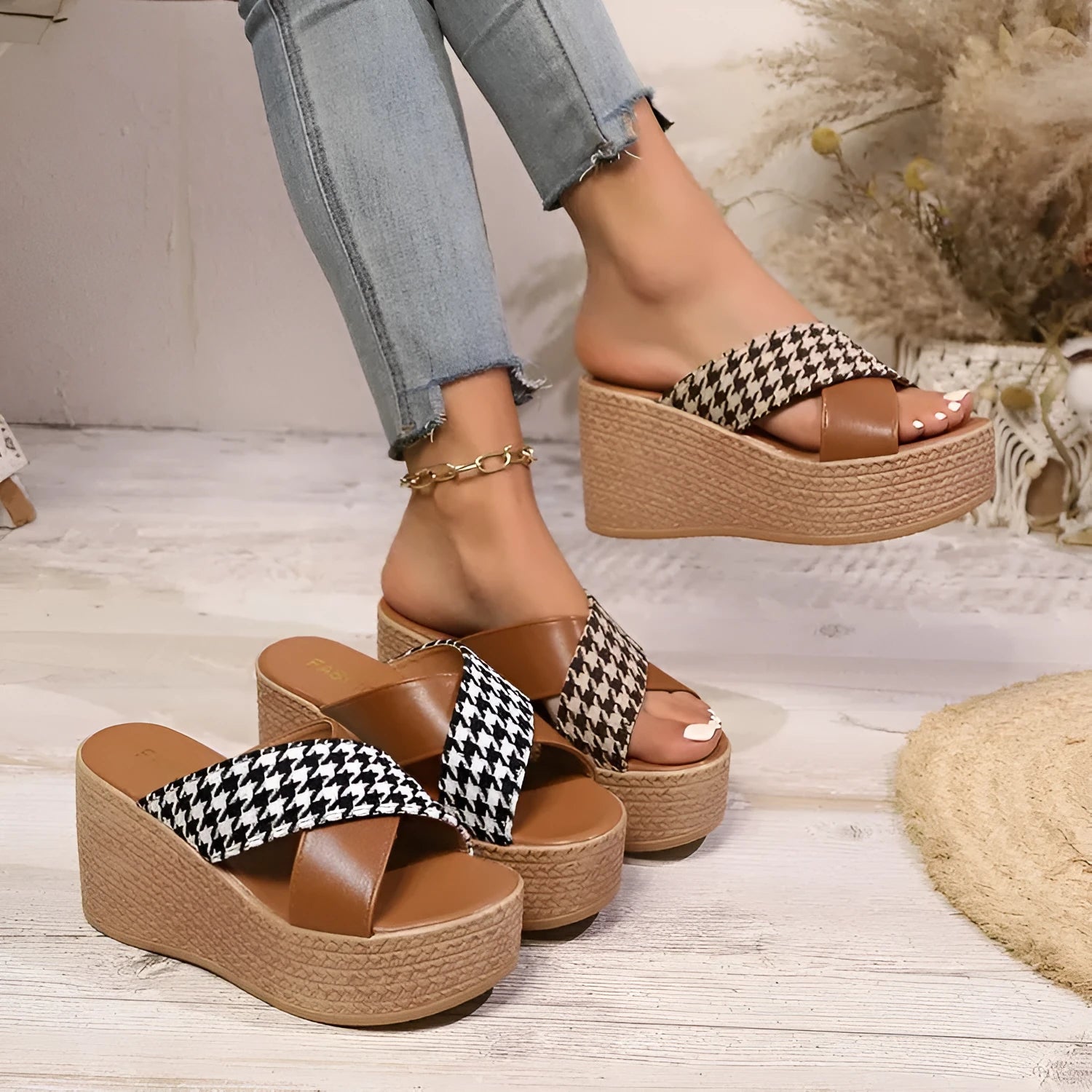 Cross leopard plaid wedge sandals in brown plaid and black pattern options with rubber soles