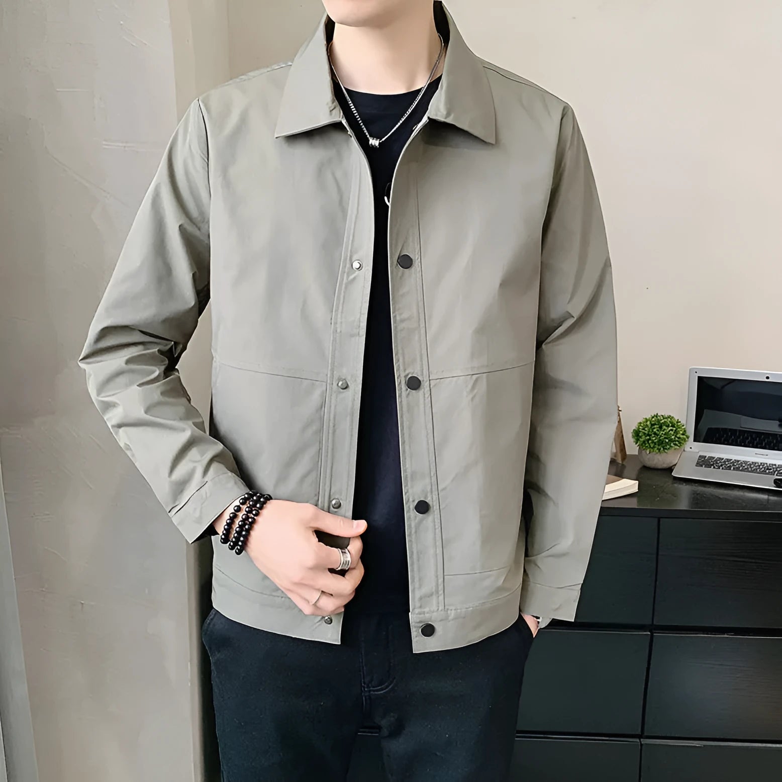 Korean style men's thin single-layer polyester jacket in light grey, showing front view.