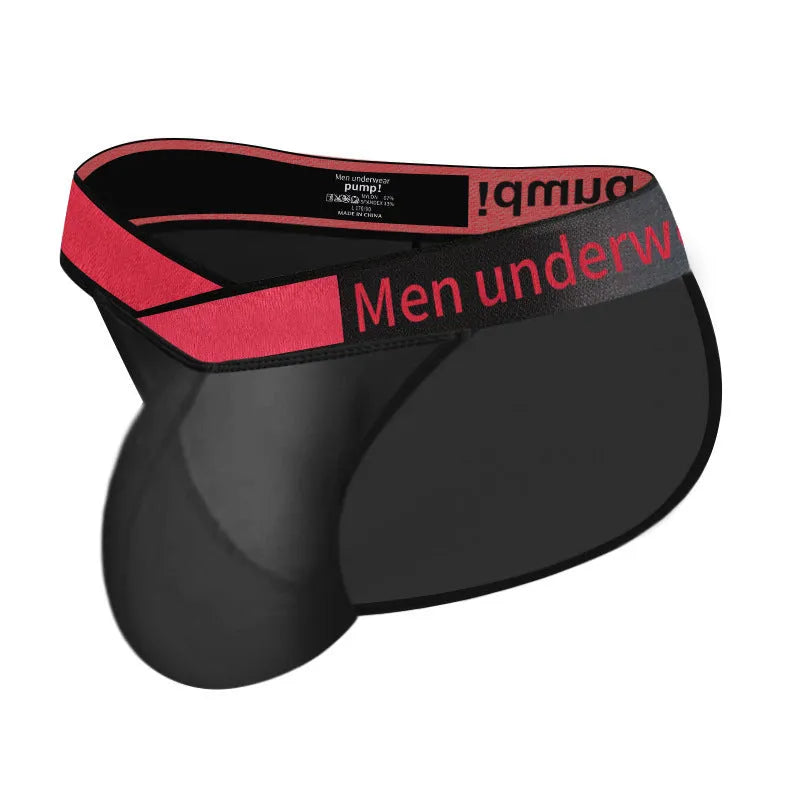 Men's black ice silk nylon briefs with low waist and V-gradient high fork design on a white background.