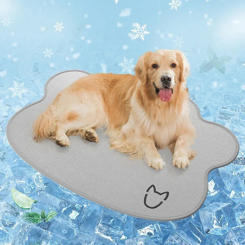 Ice silk dog cooling pad with dog head print, shown in light grey colour on a non-slip base.