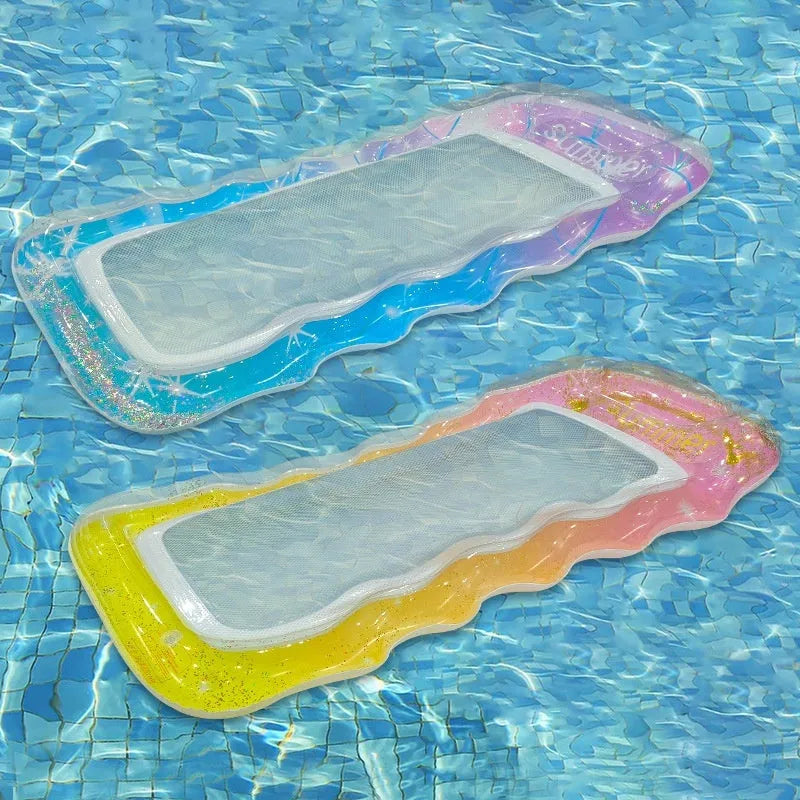 PVC thick sequins inflatable floating row pool lounger in gradient colour with canopy