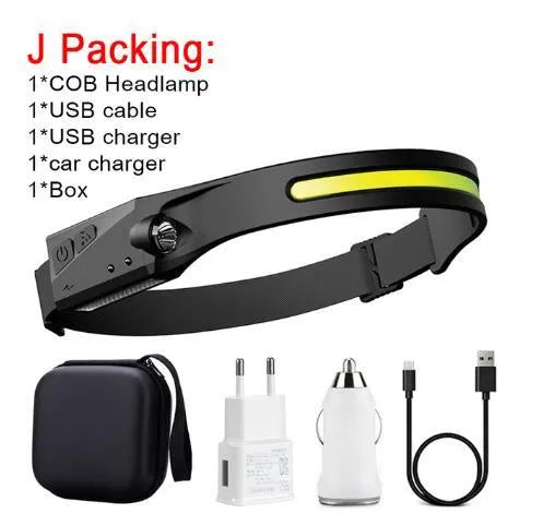 COB LED induction headlamp with wide beam and side LED for long-distance lighting, USB rechargeable, silicone build