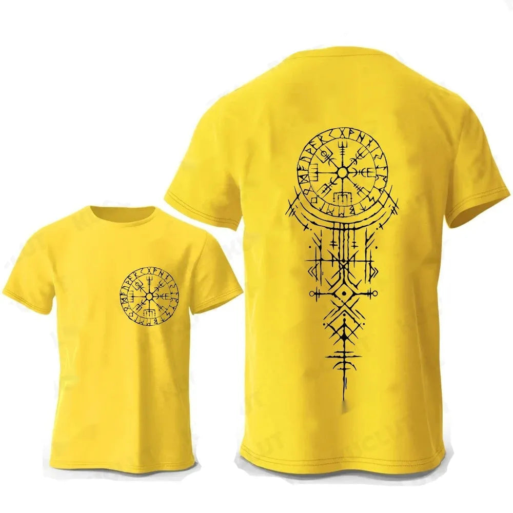 A man's grey cotton T-shirt with a printed Viking Rune Compass design on the chest.