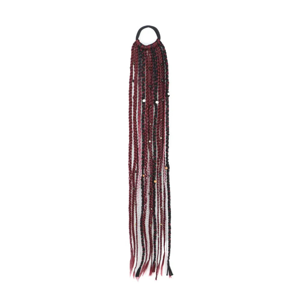 Braided ponytail hair extension with lock beads in dark brown colour, 24 inch length high temperature fibre