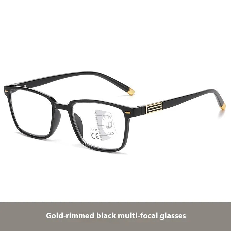 Multifocal reading glasses with anti-blue-light and colour-changing lenses in a black and silver frame.