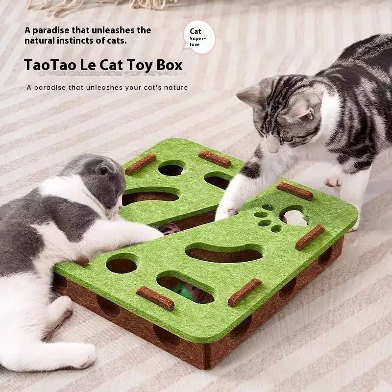 Handmade felt cat toy box in green brown colour, dimensions 30x30x7.5 cm