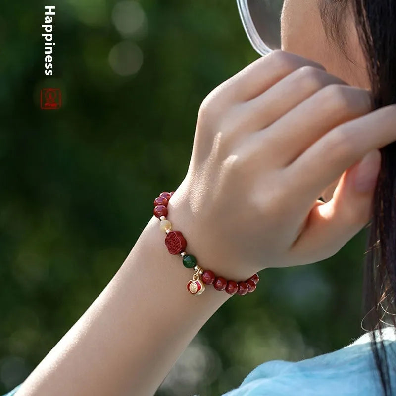 Chinese-style cinnabar bracelet with emperor sandstone beads and fu character design