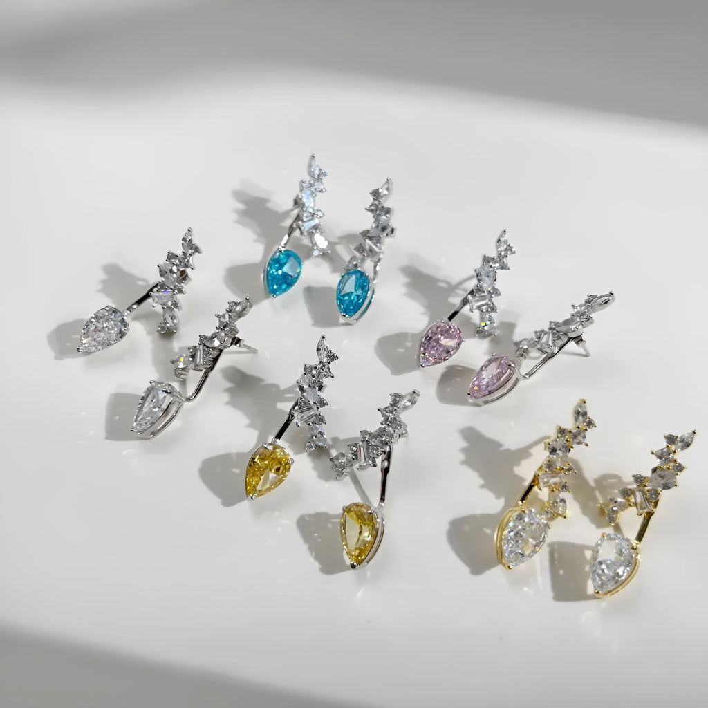 925 sterling silver pear-shaped ice flower cut dual-wear drop earrings in platinum white diamond colour