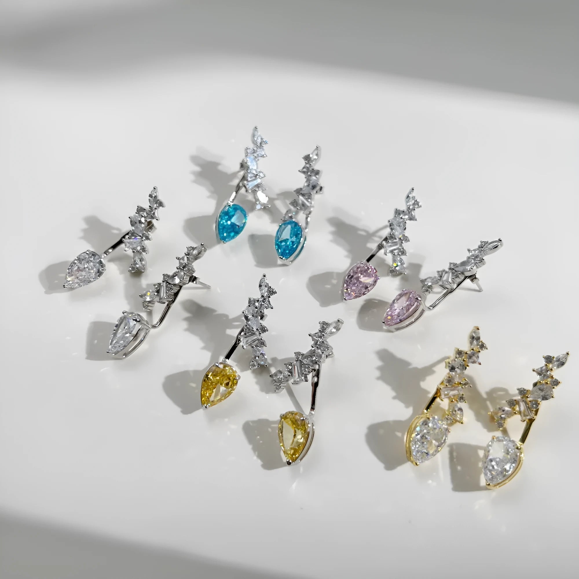 925 sterling silver pear-shaped ice flower cut dual-wear drop earrings in platinum white diamond colour