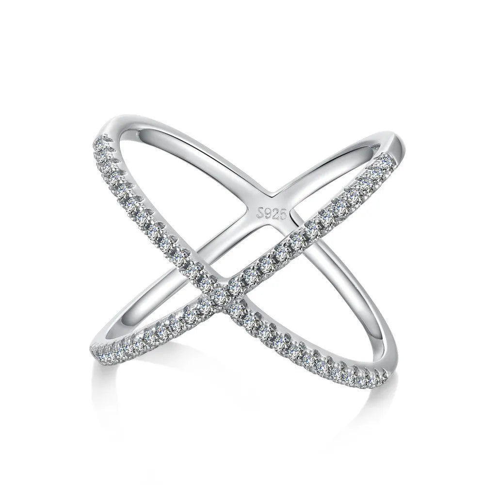 Female Zircon Inlaid Cross S925 Sterling Silver Ring Silver Colour Electroplated Finish