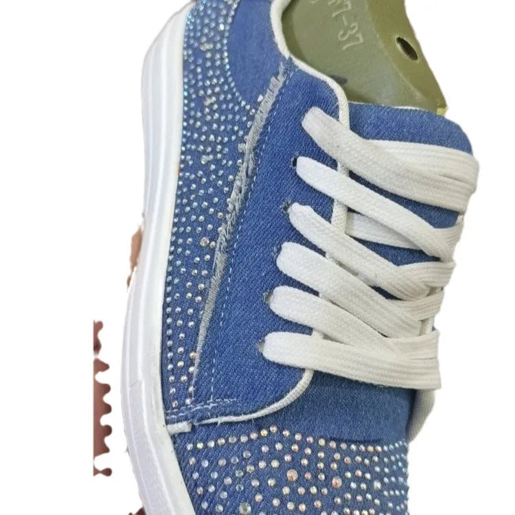 Plus size women's black casual shoes with thick rubber sole, lace-up front and rhinestone decoration